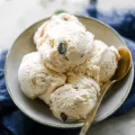 Bowl of cottage cheese ice cream with chocolate chips and fresh fruit toppings.