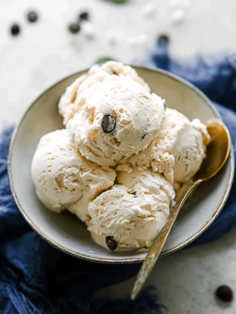 Bowl of cottage cheese ice cream with chocolate chips and fresh fruit toppings.