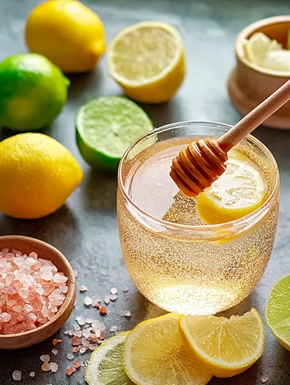 Refreshing Natural Mounjaro drink in a glass with lemon and ingredients on a wooden table.